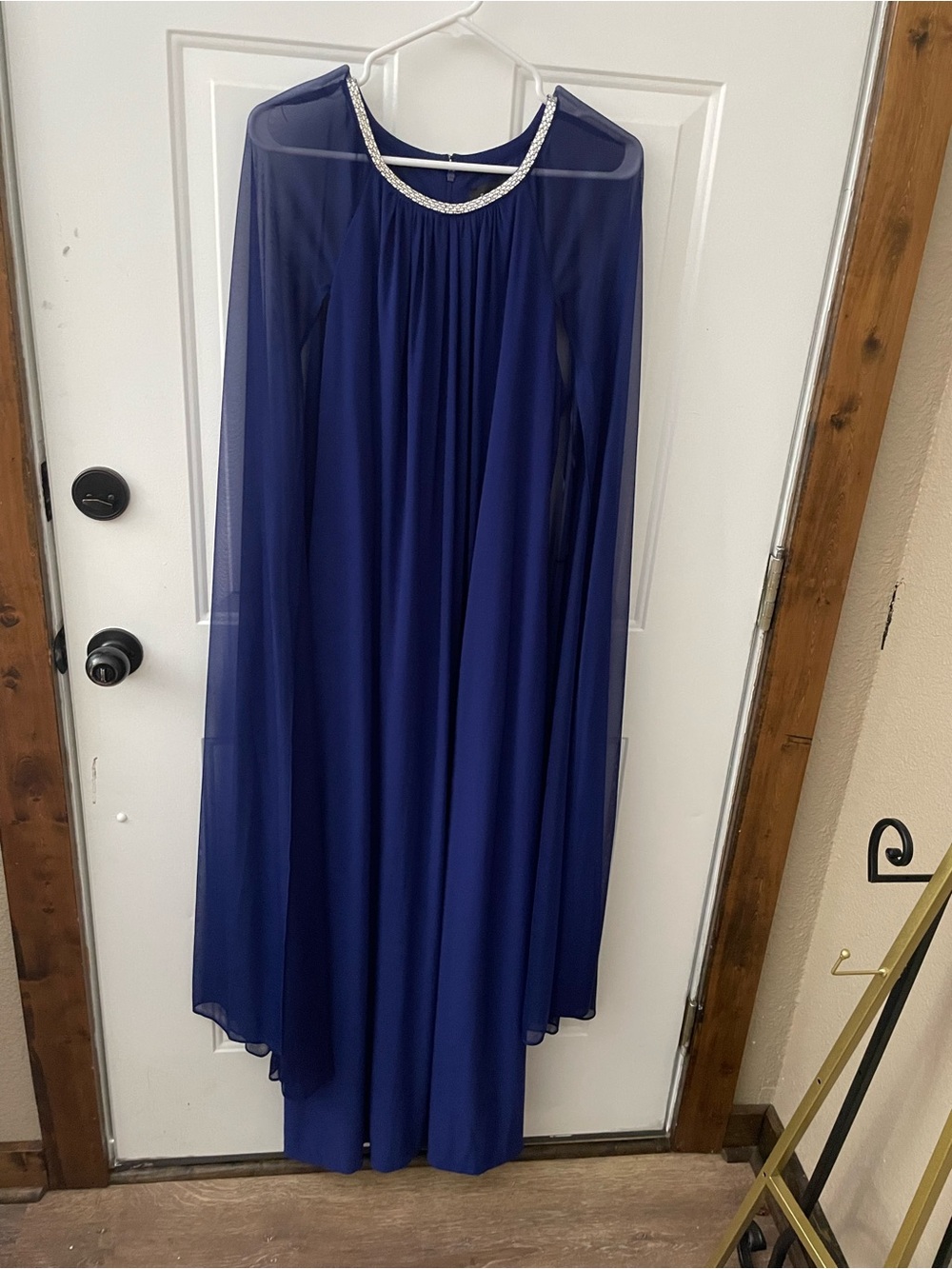 R&M Richards Navy Blue Beaded Neckline Evening Gown